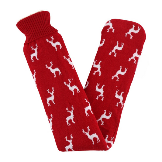 Red Winter Stags Knitted Pattern, Body Warming Long Hot Water Bottle
